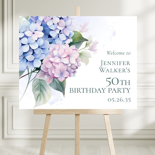 Pink Blue Hydrangeas 50th Birthday Party Welcome Foam Board (Creator Uploaded)