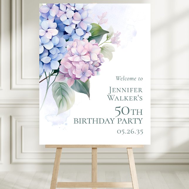 Pink Blue Hydrangeas 50th Birthday Party Welcome Foam Board (Creator Uploaded)