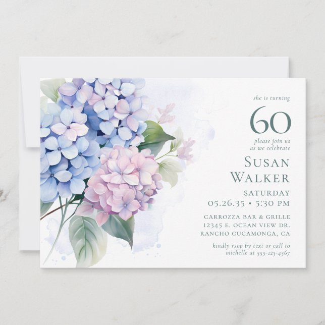 Pink Blue Hydrangeas 60th Birthday Card Request (Front)