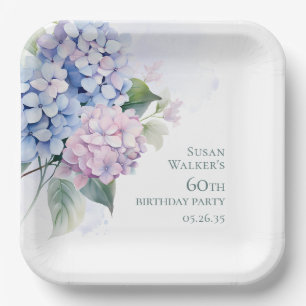 Pink Blue Hydrangeas 60th Birthday Paper Plates