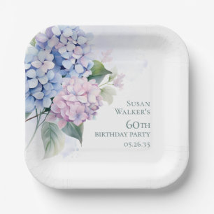 Pink Blue Hydrangeas 60th Birthday Paper Plates