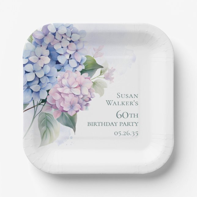 Pink Blue Hydrangeas 60th Birthday Paper Plates (Front)