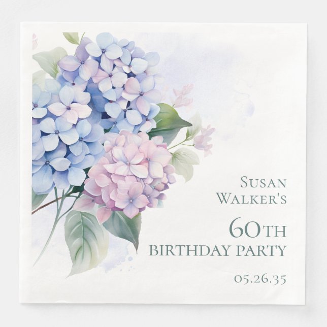 Pink Blue Hydrangeas 60th Birthday Party Paper Dinner Napkins (Front)