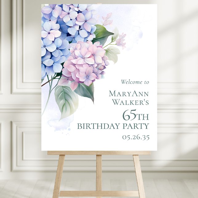 Pink Blue Hydrangeas 65th Birthday Party Welcome Foam Board (Creator Uploaded)