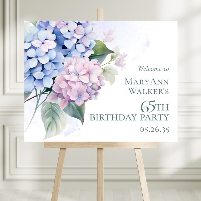 Pink Blue Hydrangeas 65th Birthday Party Welcome Foam Board (Creator Uploaded)