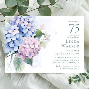 Pink Blue Hydrangeas 75th Birthday Party Invitation