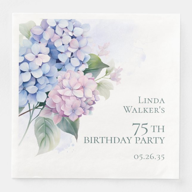 Pink Blue Hydrangeas 75th Birthday Party Paper Dinner Napkins (Front)
