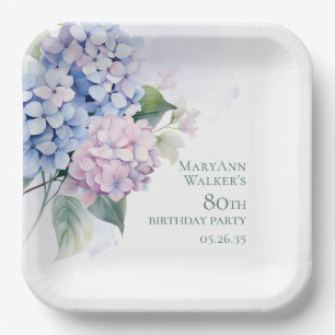 Pink Blue Hydrangeas 80th Birthday Paper Plates