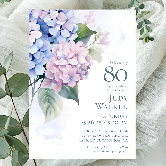 Pink Blue Hydrangeas 80th Birthday Party Invitation (Creator Uploaded)