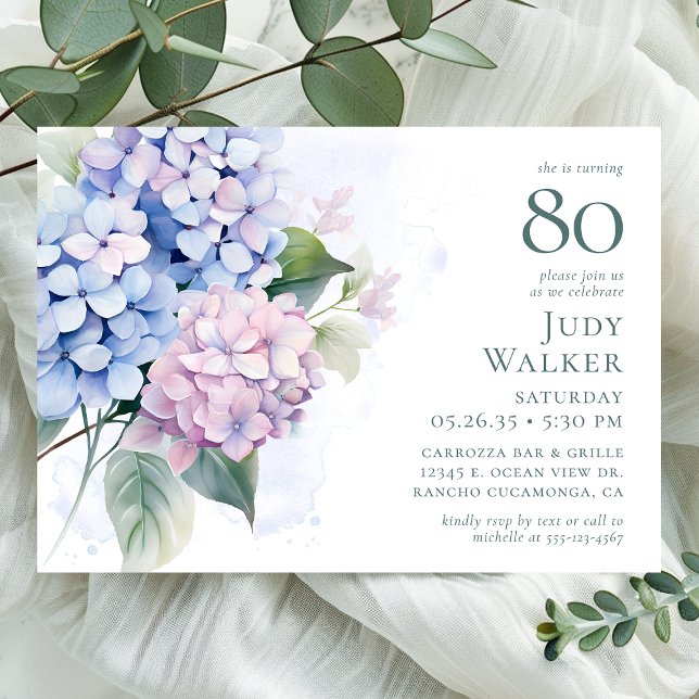 Pink Blue Hydrangeas 80th Birthday Party Invitation (Creator Uploaded)