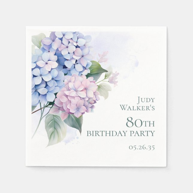 Pink Blue Hydrangeas 80th Birthday Party Napkins (Front)