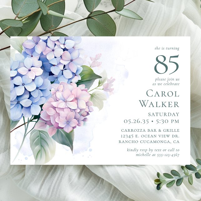 Pink Blue Hydrangeas 85th Birthday Party Invitation (Creator Uploaded)