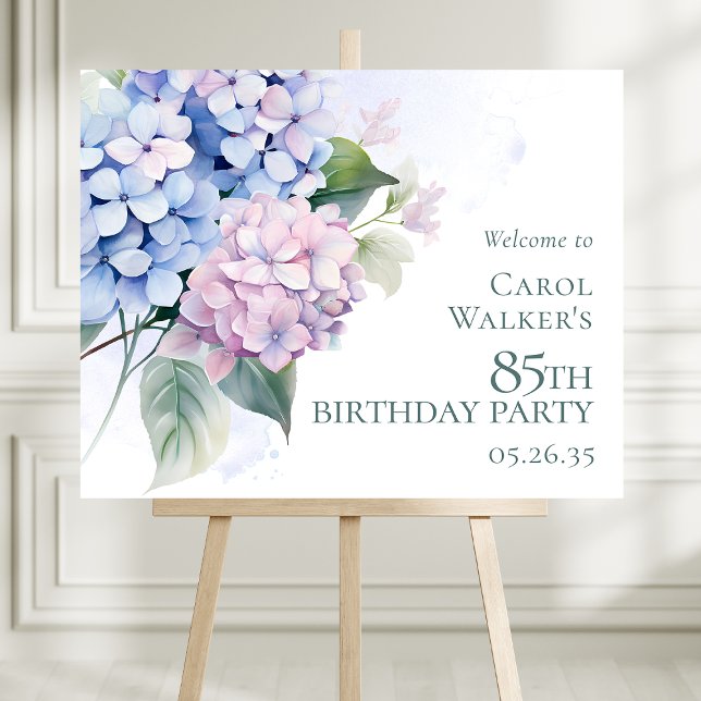 Pink Blue Hydrangeas 85th Birthday Party Welcome Foam Board (Creator Uploaded)