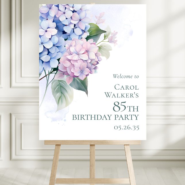 Pink Blue Hydrangeas 85th Birthday Party Welcome Foam Board (Creator Uploaded)