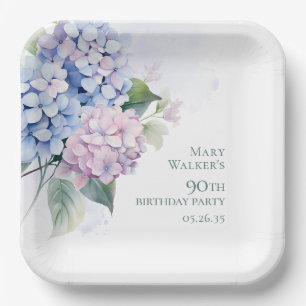 Pink Blue Hydrangeas 90th Birthday Paper Plates