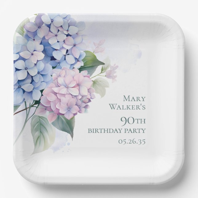 Pink Blue Hydrangeas 90th Birthday Paper Plates (Front)