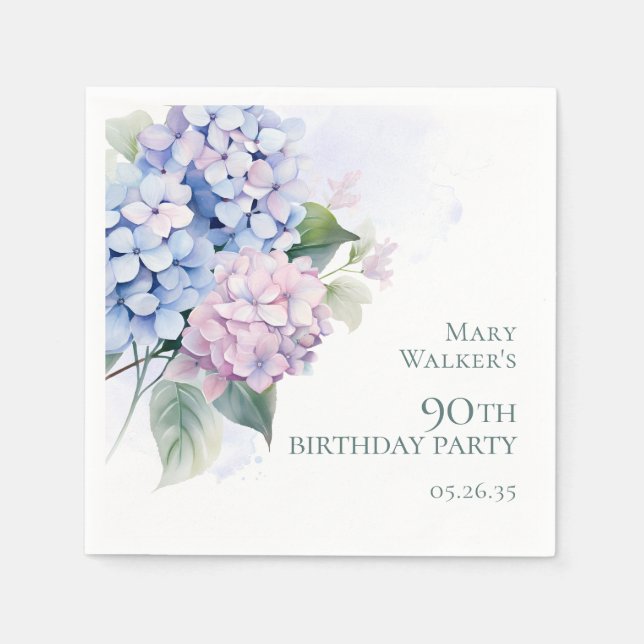 Pink Blue Hydrangeas 90th Birthday Party Napkins (Front)