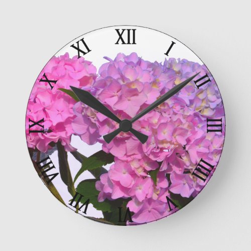 Pink Blue Hydrangeas elegant pink purple flowers Round Clock