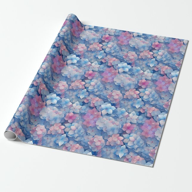 Pink Blue Hydrangeas Floral in Bloom  Wrapping Paper (Unrolled)