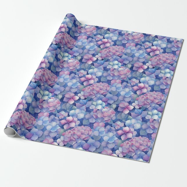 Pink Blue Hydrangeas Floral in Bloom  Wrapping Paper (Unrolled)