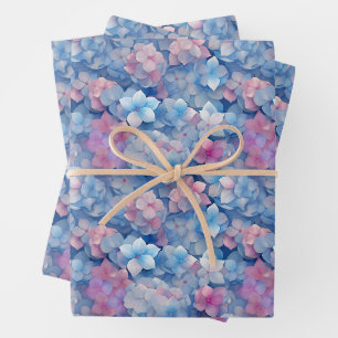 Pink Blue Hydrangeas Floral in Bloom  Wrapping Paper Sheets
