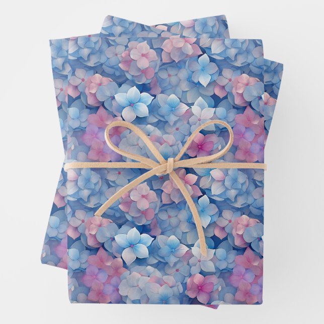 Pink Blue Hydrangeas Floral in Bloom  Wrapping Paper Sheets (In situ)