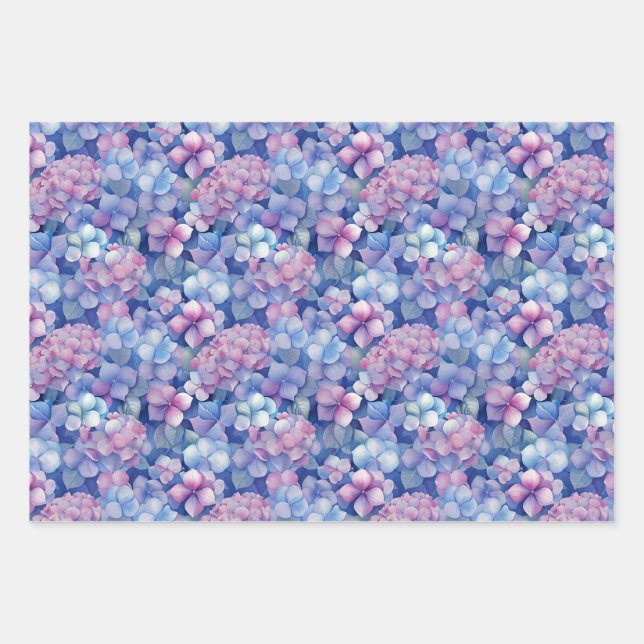 Pink Blue Hydrangeas Floral in Bloom  Wrapping Paper Sheets (Front)