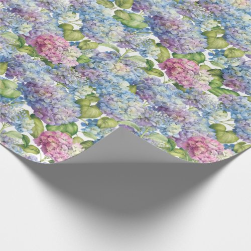 Pink Blue Hydrangeas in Bloom Floral Wrapping Paper