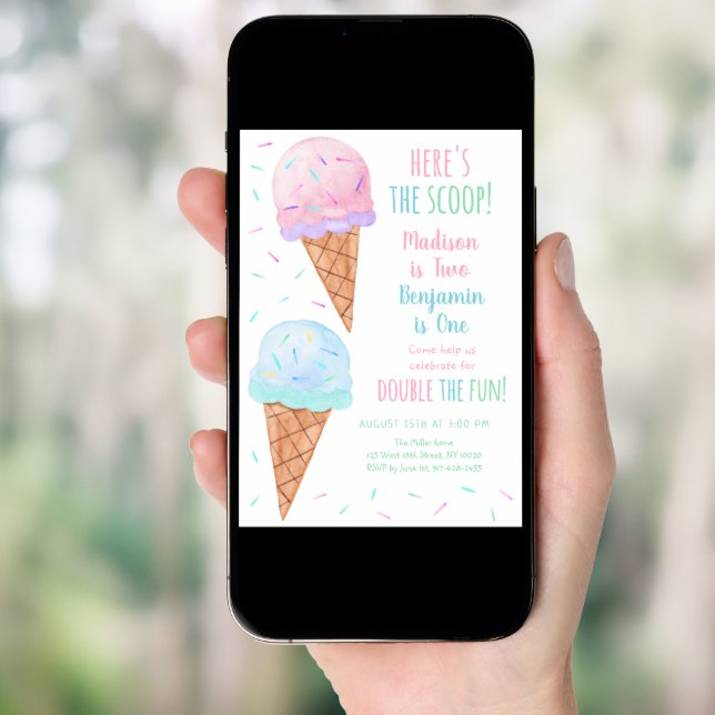 Pink Blue Ice Cream Joint Birthday Invitation (Front Digital)