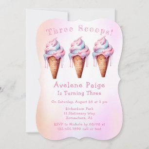 Pink Blue Ice Cream Three Scoops Birthday Party Invitation
