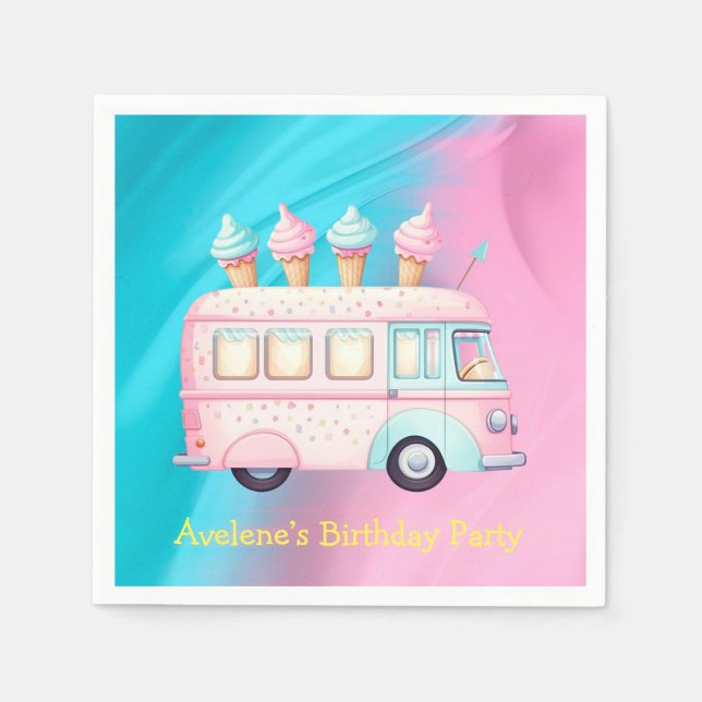 Pink Blue Ice Cream Truck Birthday Party Napkins (Front)