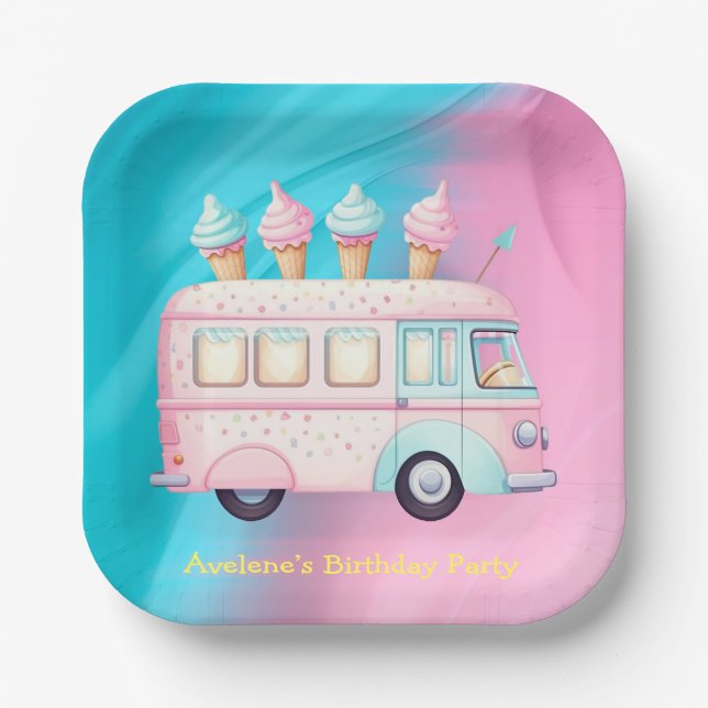 Pink Blue Ice Cream Truck Birthday Party Paper Plates (Front)