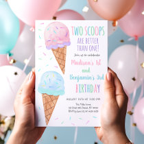 Pink Blue Ice Cream Two Scoops Joint Birthday Invitation