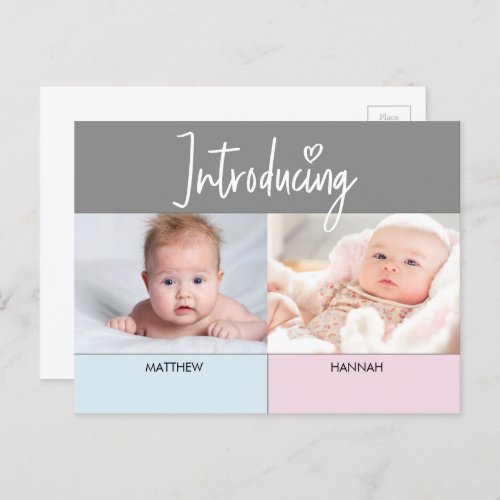 Pink Blue Introducing Script Twins boy and Girl  Announcement Postcard