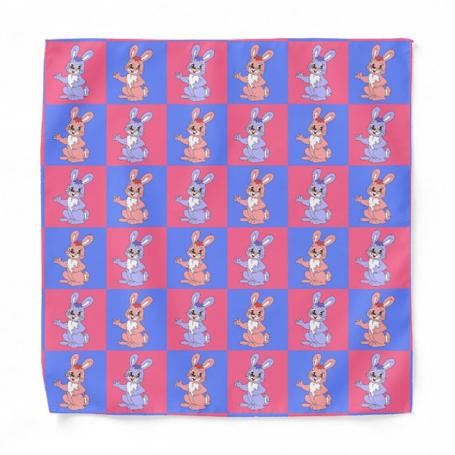 Pink Blue Kawaii Cute Checkered Bunny Rabbit Bandana (Front)