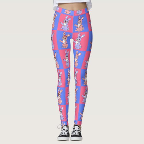 Pink Blue Kawaii Cute Checkered Bunny Rabbit Leggings