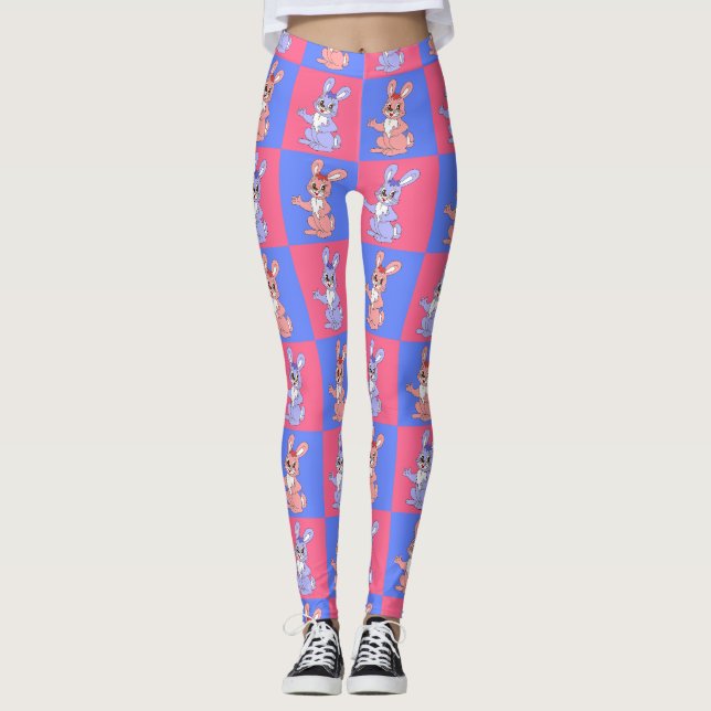 Pink Blue Kawaii Cute Checkered Bunny Rabbit Leggings (Front)