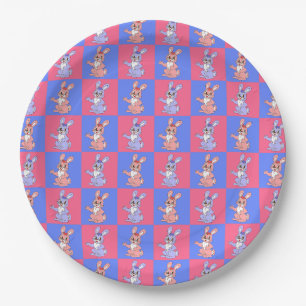 Pink Blue Kawaii Cute Checkered Bunny Rabbit Paper Plates
