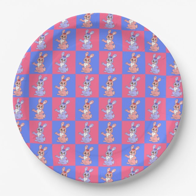 Pink Blue Kawaii Cute Checkered Bunny Rabbit Paper Plates (Front)