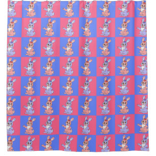 Pink Blue Kawaii Cute Checkered Bunny Rabbit Shower Curtain