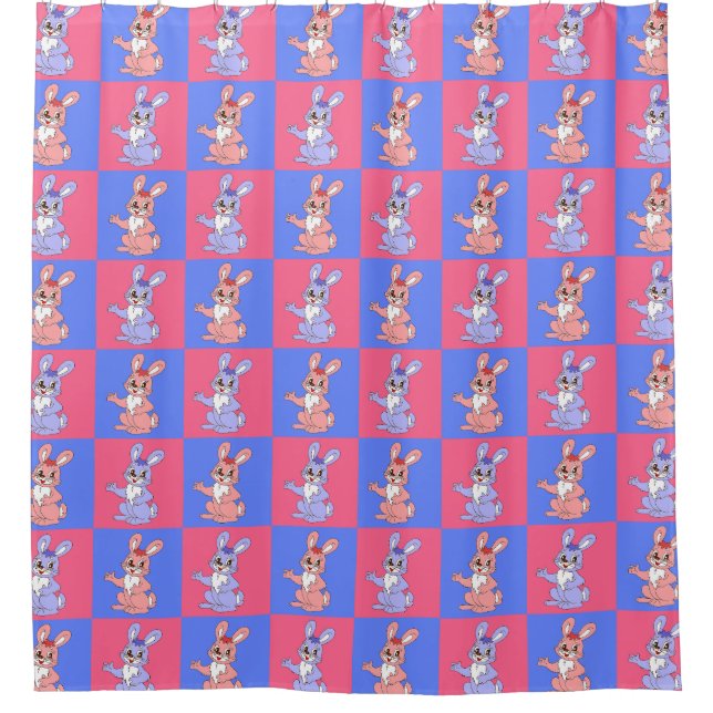 Pink Blue Kawaii Cute Checkered Bunny Rabbit Shower Curtain (Front)