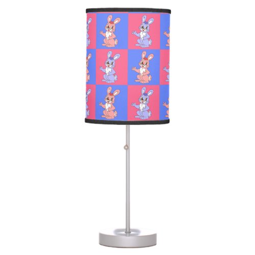Pink Blue Kawaii Cute Checkered Bunny Rabbit Table Lamp