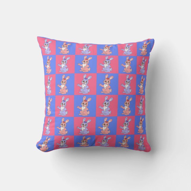Pink Blue Kawaii Cute Checkered Bunny Rabbit Throw Pillow (Front)