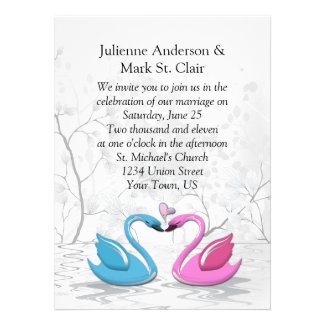 Pink Blue Kissing Swans Wedding Invitation