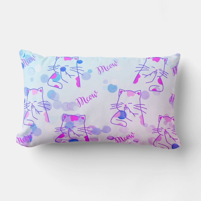 Pink & Blue Kitty Lumbar Pillow (Front)