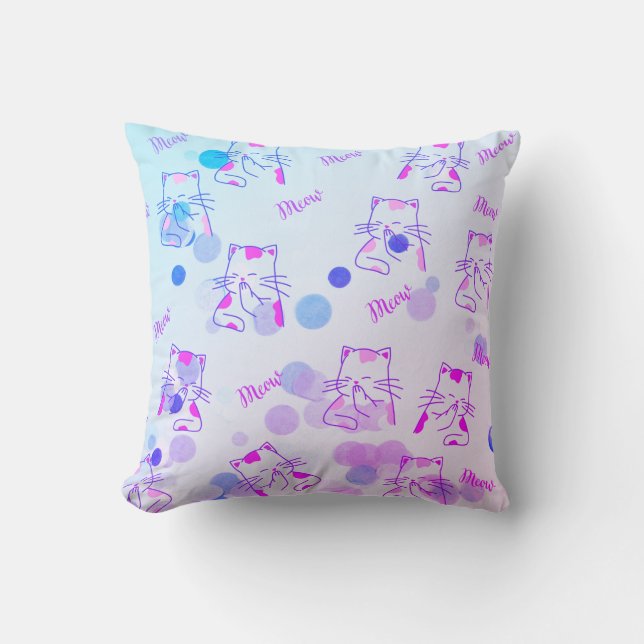 Pink & Blue Kitty Throw Pillow (Front)