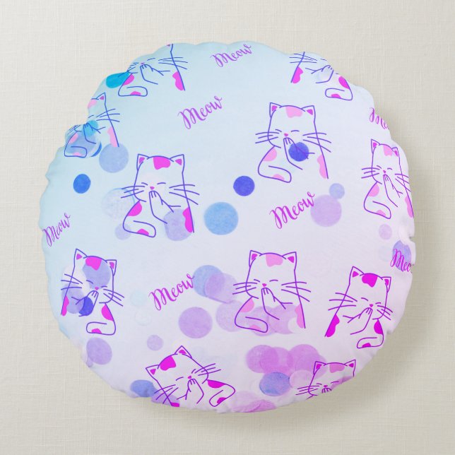  Pink & Blue Kitty Throw Pillow (Front)