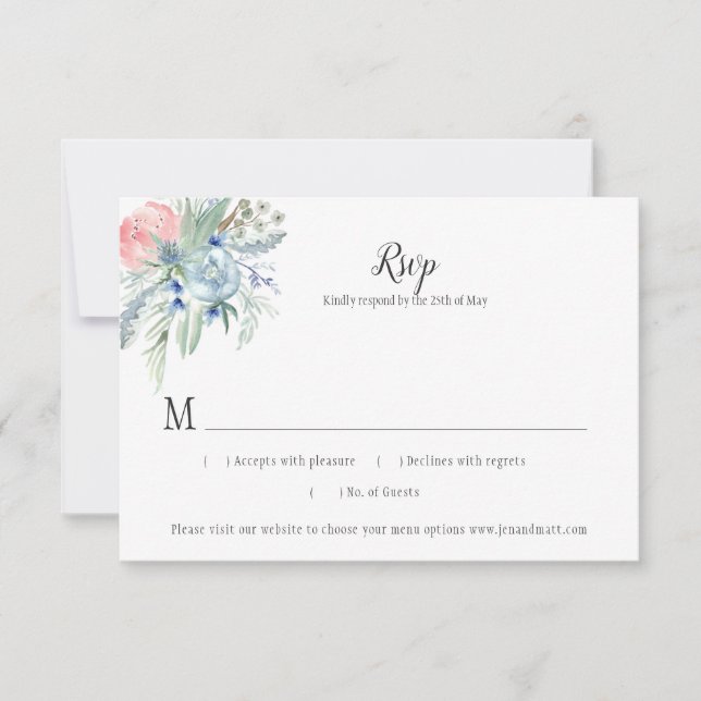 Pink Blue Lavender Sage Green Floral RSVP Card (Front)