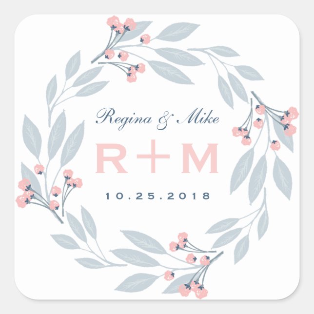 Pink Blue Leaf Floral Wreath Wedding Favor Sticker (Front)