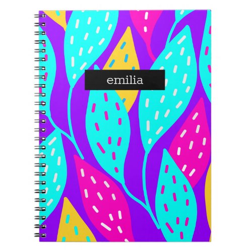 Pink Blue Leaves Floral  Custom Name Notebook